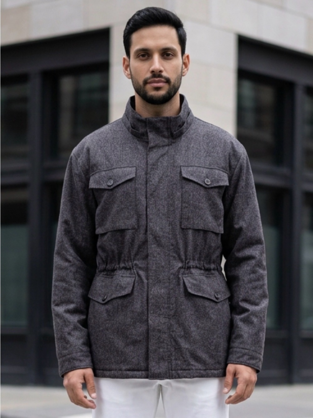 Men's Charcoal Field Jacket - Structured Military-Style Coat no hood